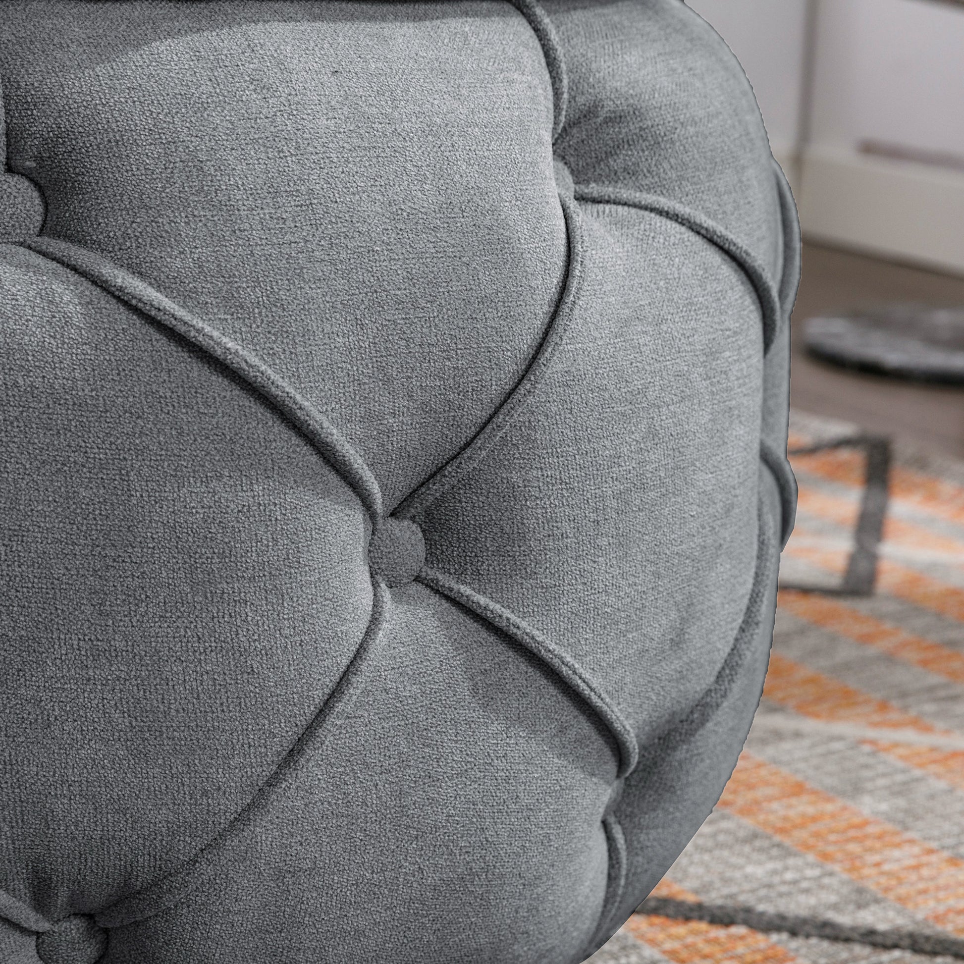 Large Button Tufted Woven Round Storage Ottoman  for Living Room & Bedroom,17.7"H Burlap Grey