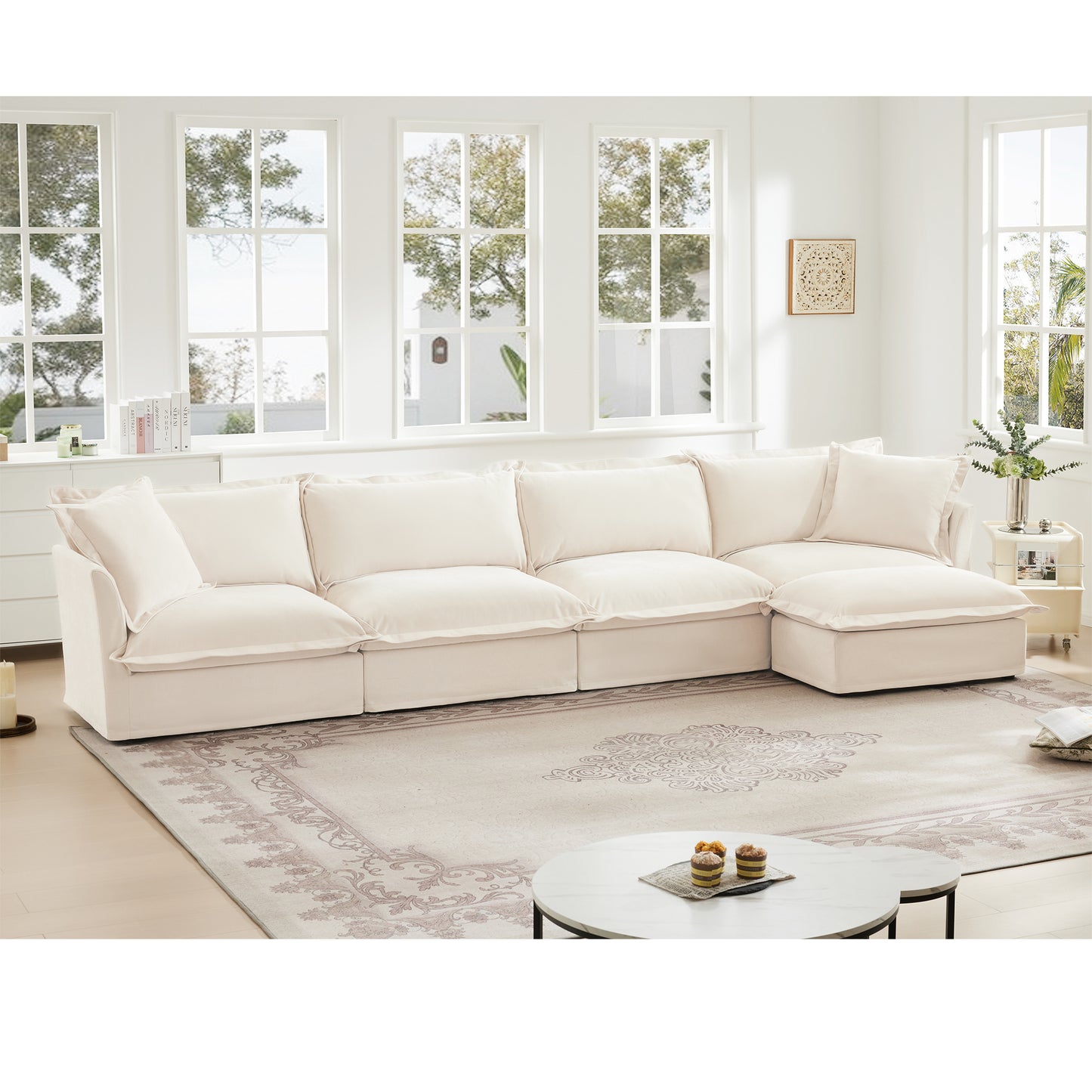 Slipcovered L Shape Sectional Long Sofa Couch, 4 Seater Sofa with Suppleness Armrests, Chenille Deep Seat Sofa with 2 Big Pillows, Comfy Couch for Living Room, Apartment, Chenille Fabric, Cream