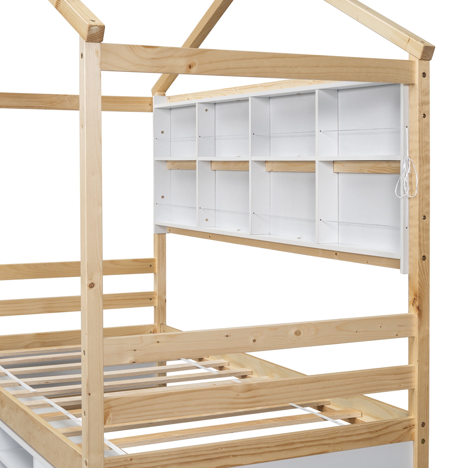 Twin House Bed with Roof Frame, Bedside-shelves, Under Bed Storage Unit,Natural