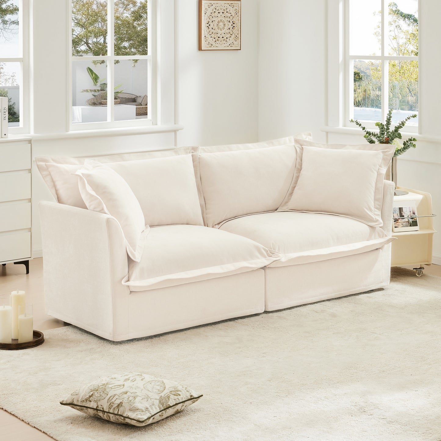 Modern Slipcovered 2-Seat Sofa Couches for Living Room, 2 Seater Sofa, Plain Chenille Deep Seat Sofa with Upholstered Cushion&Detachable Cover, Comfy Sofa Couch for Small Space, Apartment, Cream