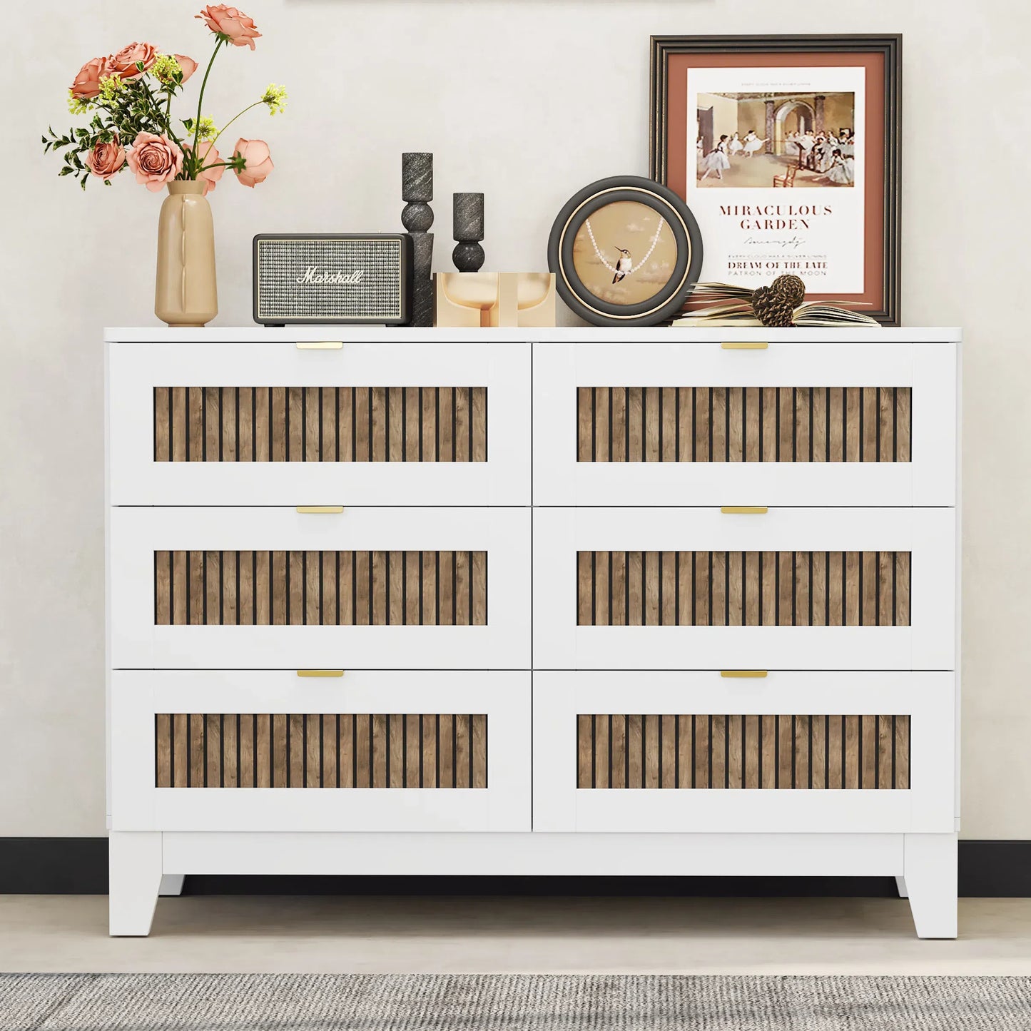 Rustic Farmhouse Style Wooden Dresser with 6 Drawers, Storage Cabinet for Bedroom with Metal Handles, White