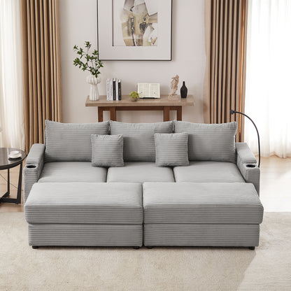 95.3" Modern Style 3-Seater Sofa Sectional Sofa Couch with Storage Space, Two Movable Ottomans, Two USB Ports, Two Cup Holders, A Phone Holder for Living Room, Grey