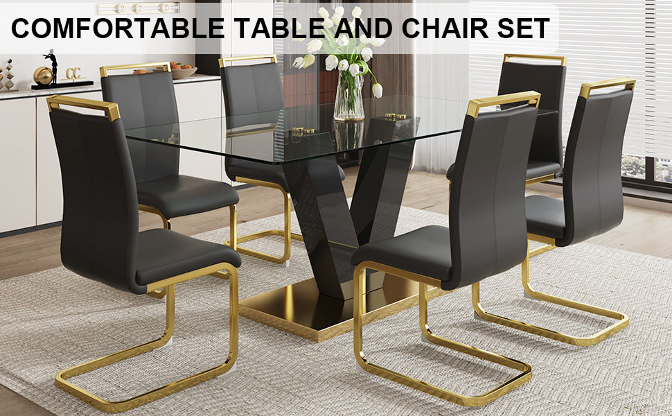 Table and chair set.Subtle Luxury Clear Tempered Glass Dining Set - 71"x35.4" with 6 Black PU Chairs.C-tube Gold Metal Chair Legs.Bring a comfortable home experience to the kitchen, bedroom.