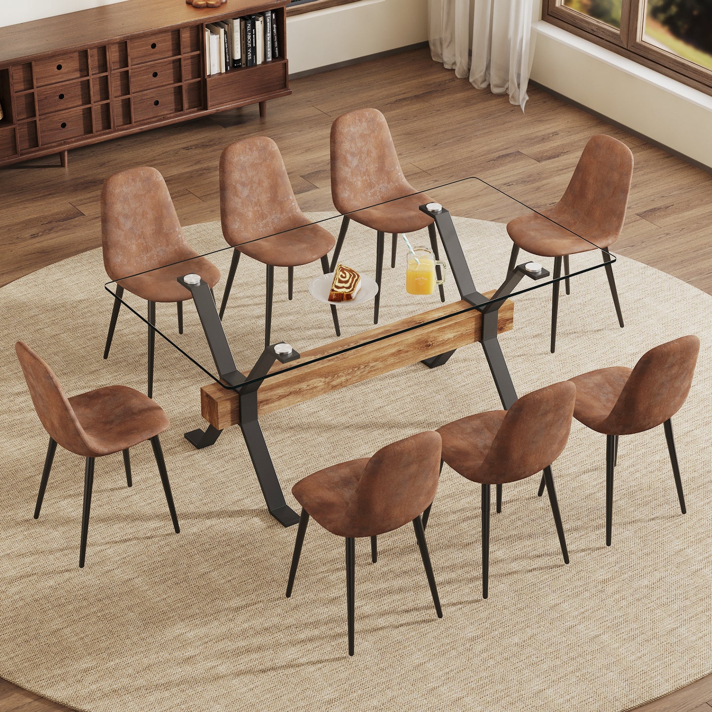 Dining table. Modern tempered glass dining table. Large modern office desk with black metal legs and MDF crossbars, suitable for home and office use. 8 high-end cushioned seats.F1105  B0501A