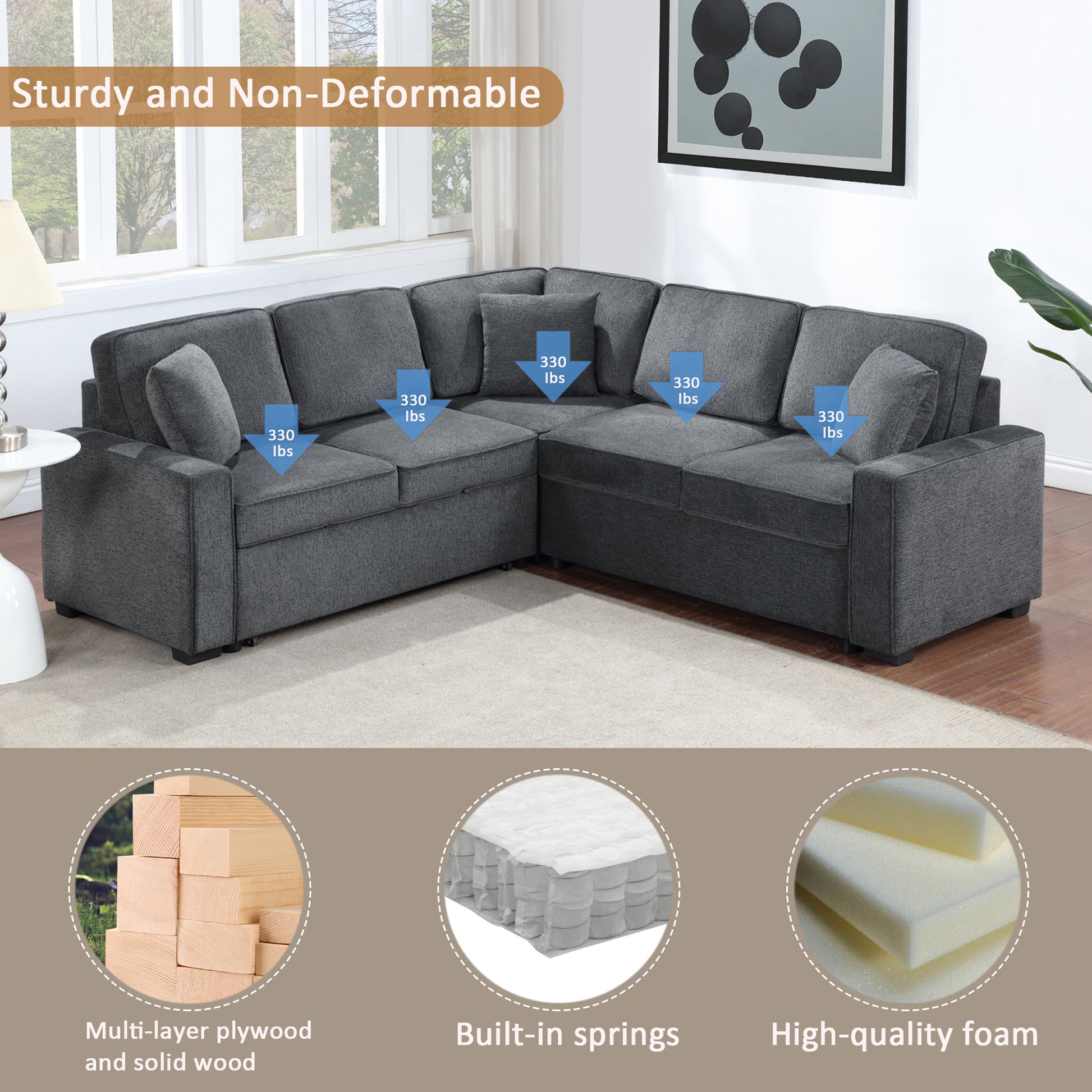 Modular Sofa, Sectional Couch L Shaped Sofa Couch with Pullout Sleeper, 5 Seat Chenille Corner Sofa for Living Room, 3 Pillows Included, Dark Gray