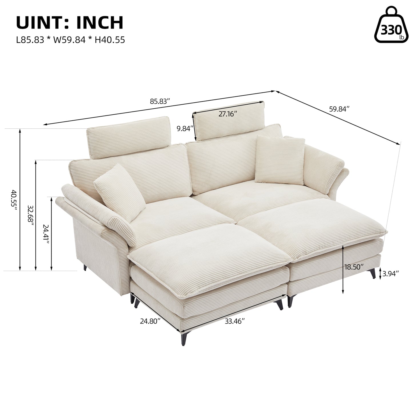 [VIDEO/New] Deep Seat Sectional Sofa, Comfortable Cloud Sofa with Ottomans, loveseat Sofa, 85.8''Modern Corduroy Upholstered Sectional Sofa for Living Room, Apartment, Studio, Office (Beige).