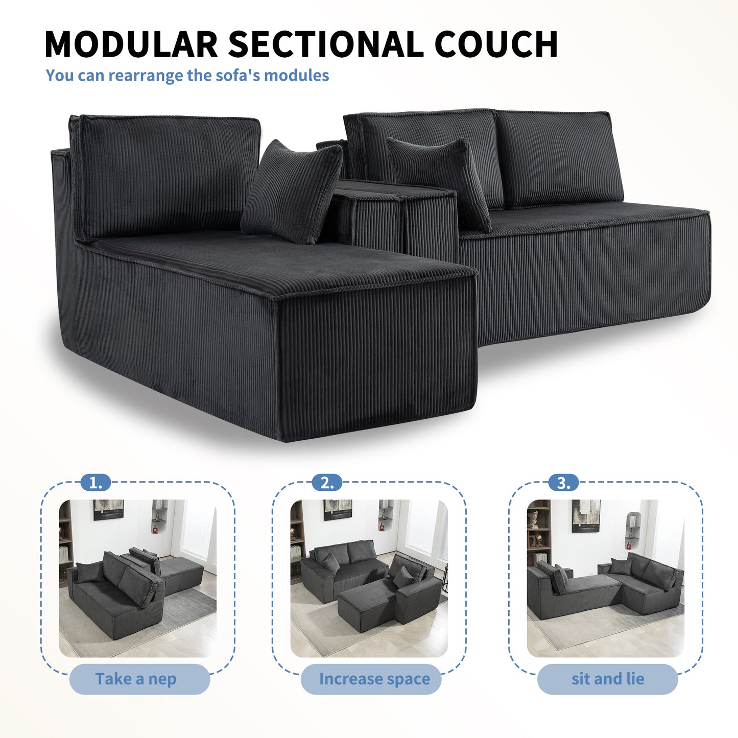 [Video provided] L-Shape Modular Sectional Sofa Couch - Comfy Upholstered Cloud Couch for Living Room - Modern Minimalist Couch,2 PIC Free Combination,No Assembly Required (Gray,Plush Corduroy)