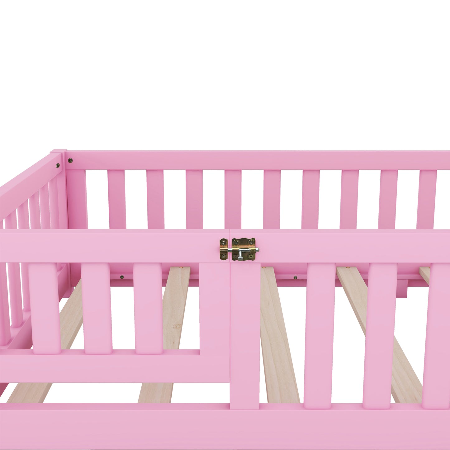 Twin Size Bed Floor Bed with Safety Guardrails and Door for Kids, Pink