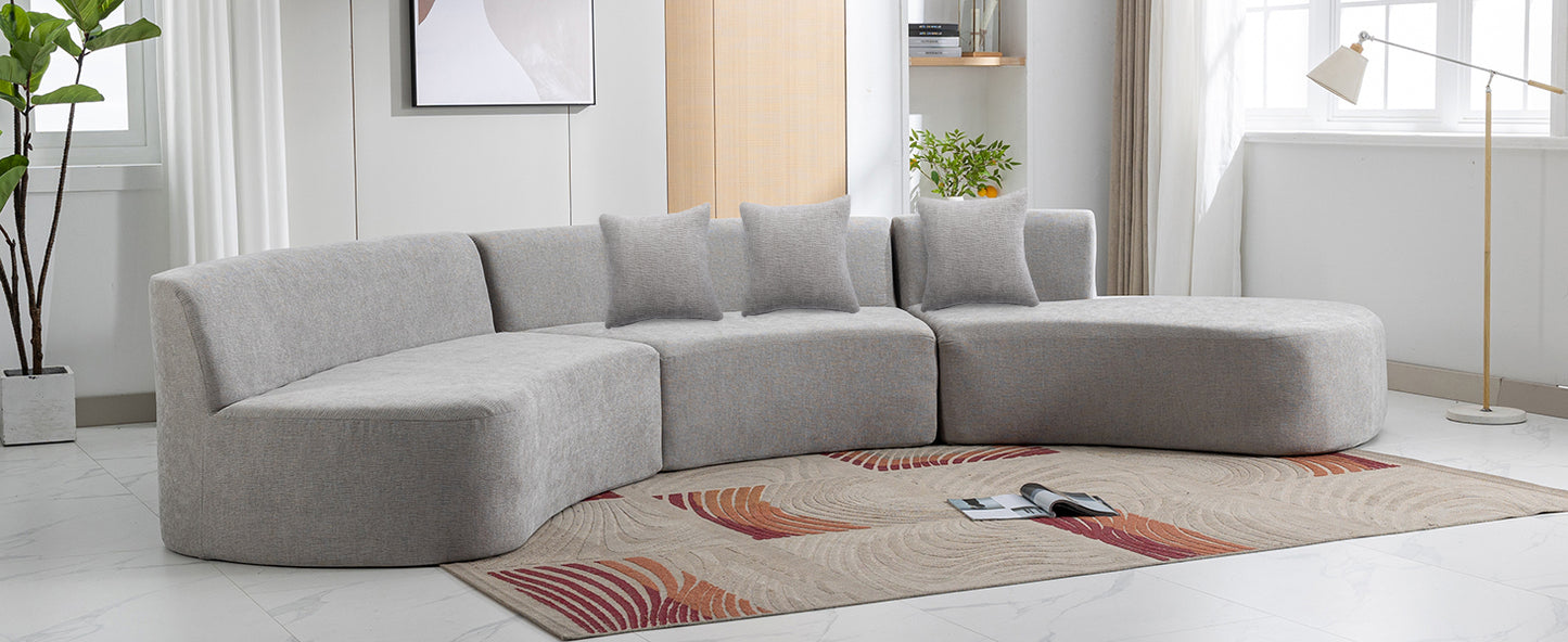 136.6" Stylish Curved sofa Sectional Sofa Chenille Fabric Sofa Couch with Three Throw Pillows for Living Room, Grey