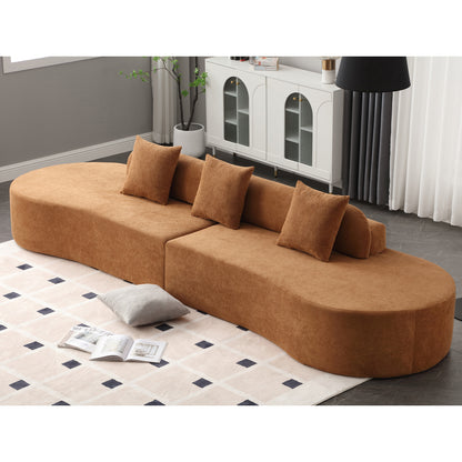 [NEW ARRIVED] [VIDEO PROVIDED] Modern curved combination sofa, terrycloth fabric sofa, minimalist sofa in living room, apartment, no assembly required, three pillows,Browm