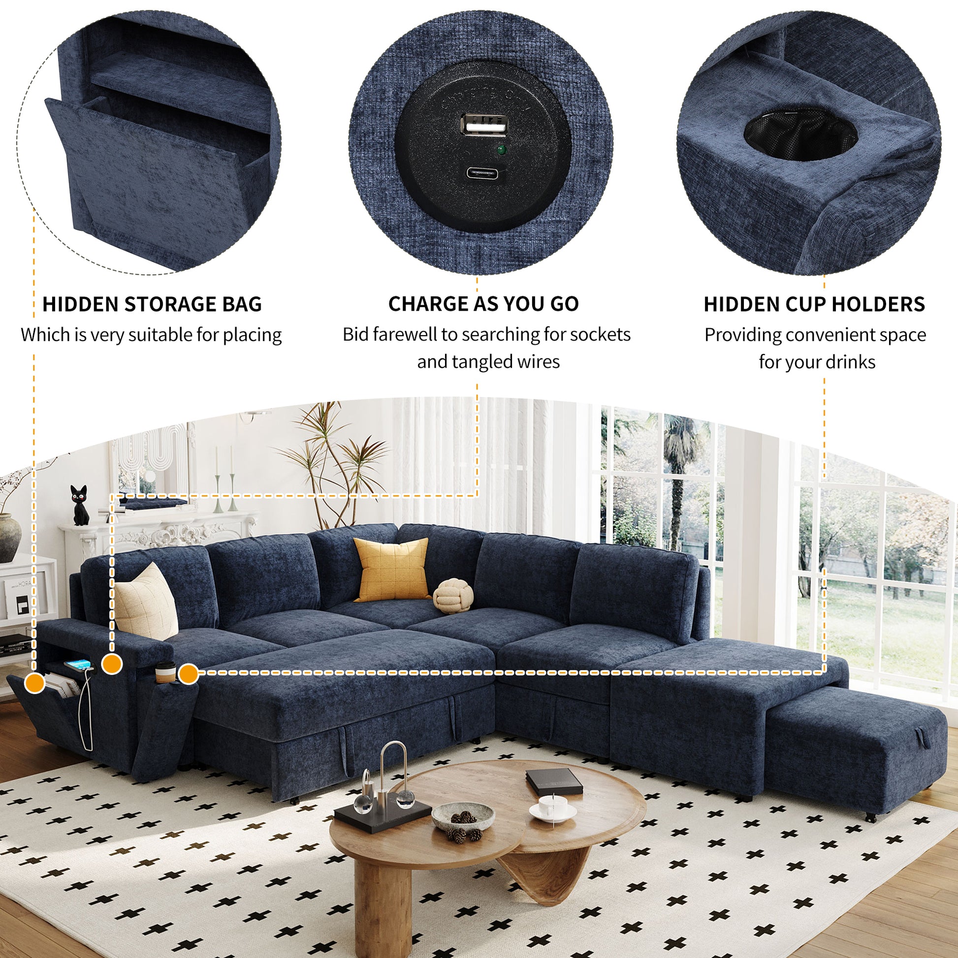 U_STYLE  L-shaped Padded Modular Sofa with Storage Space, USB Ports, and Cup Holders on the Armrests, Suitable for Living Rooms, Offices, and Apartments.