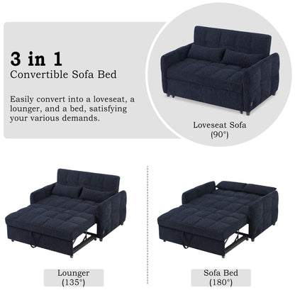 52.8" Loveseat Sofa Pull-out Sofa Bed Tufted Sleeper Sofa with an Adjustable Backrest, Three USB Ports and Two Lumbar Pillows for Living Room, Blue