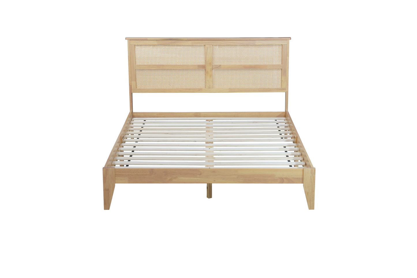 Queen Size Rubber Wooden, Solid Wooden Bed with Rattan Headboard, Enhanced by Support Feet