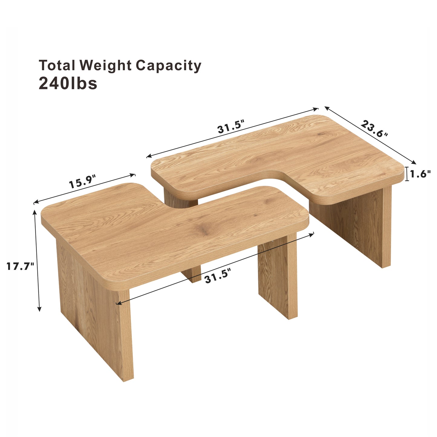 47.24*23.62 inch and 35.43*31.49 inch Rectangle Wood Detachable Coffee Table, Single L Shape Farmhouse Coffee Table for Dining Room, Garden, oak