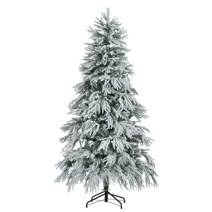 6FT Pre-Lit Spruce Snow Flocked Christmas Tree, Artificial Hinged Xmas Tree with 300 Multi-Color LED Lights, 8 Flashing Modes &790 Snow Branch Tips, Holiday Office Home Décor