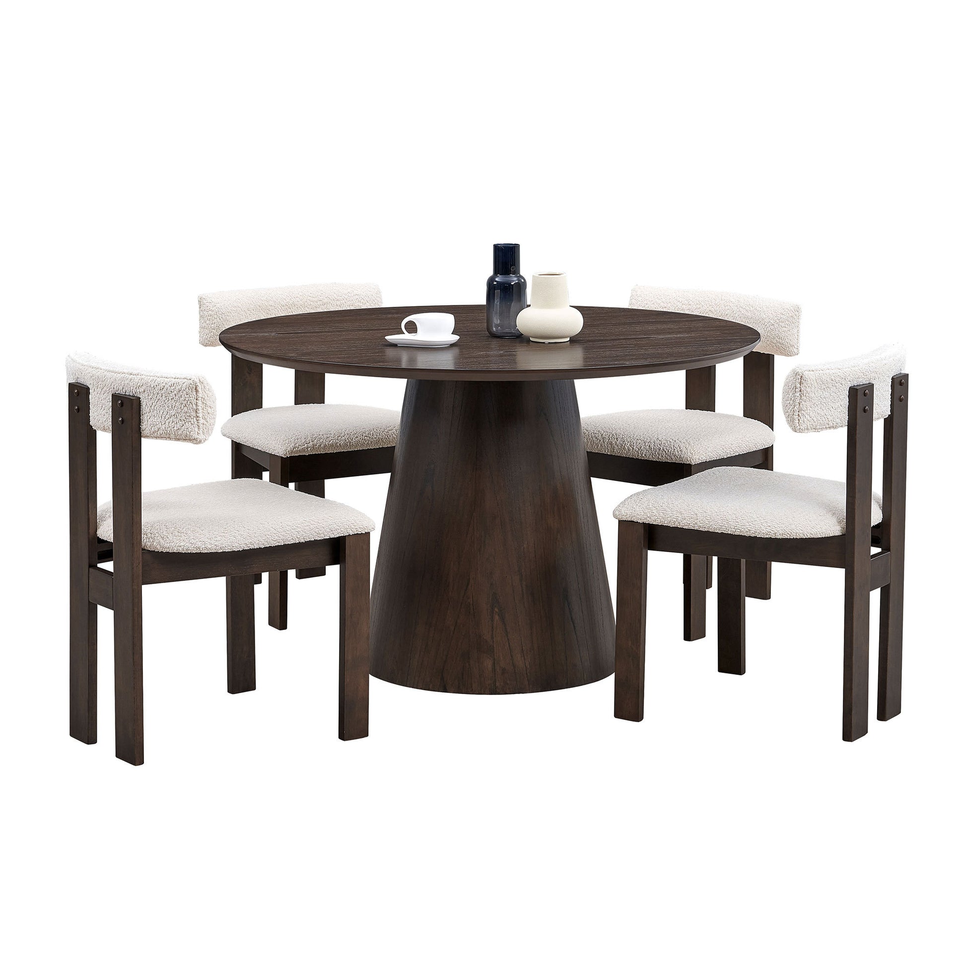 (1 Table with 4 Chairs)Wooden Dining Table Set, Modern Round MDF Kitchen Table and Boucle Upholstered Dining Chairs for Dining Room, Kitchen, Saving Space, Brown