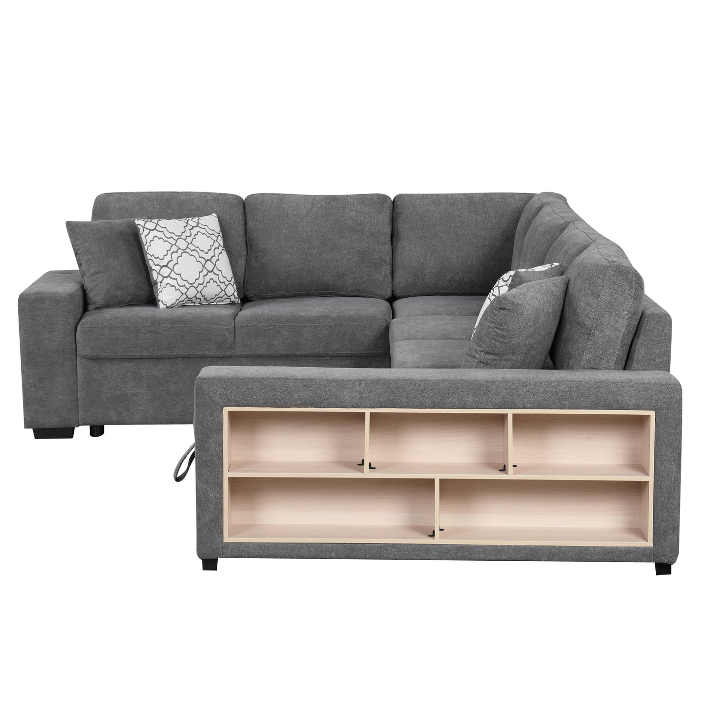 109" U-shaped Sectional Sofa Pull-out Sofa Bed with Two USB Ports, a Storage Chaise Lounge and Four Back Pillows for Living Room, Grey