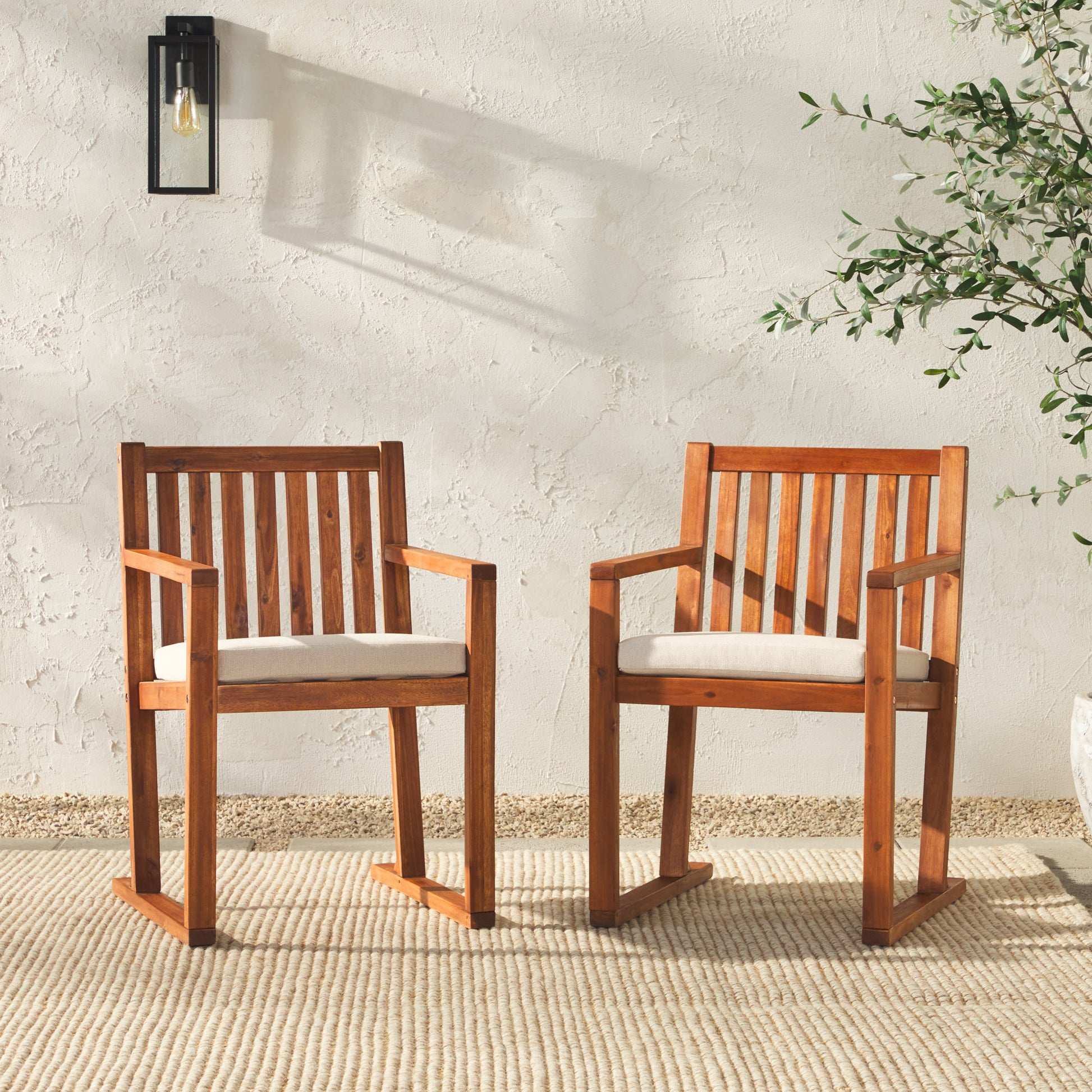 Contemporary 2-Piece Solid Wood Slat-Back Patio Dining Chairs – Brown