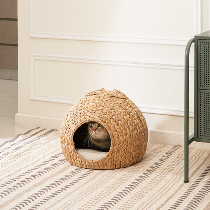 Gertrude Water Hyacinth Woven Wicker Round Cat Bed Cave with Handles - 18" x 18" x 18" - For Any Size Cat Breeds, Chihuahua and Use with Cat Tower