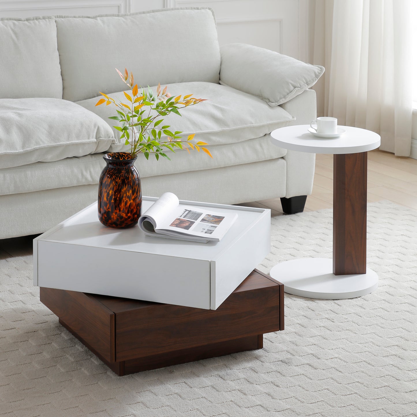 Rotating Coffee Table with 2 Drawers, High wood 2-Tier Center Table with Storage, Square Coffee Table with Swivel Tabletop for Living Room  (white and Walnut )