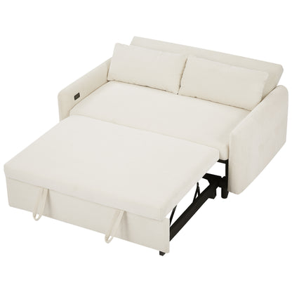 57.48" Pull-out Sofa Bed Convertible Couch 2 Seat Loveseat Sofa Modern Sleeper Sofa with Two Throw Pillows and USB Ports for Living Room, Beige(Old Sku:WF317760AAA)