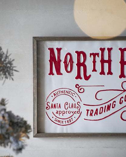 26x18"H Iron/Wood North Pole Trading Company Wall Sign, for Christmas Holiday Table Wall Decor