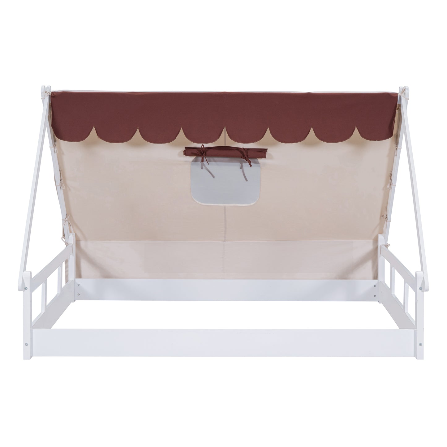 Wooden Full Size Tent Bed with Fabric for Kids,Platform Bed with Fence and Roof, White+Brown