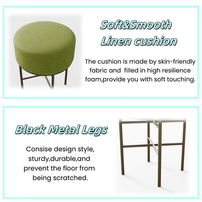 2 pcs Round Cushioned Vanity Stool, Linen Upholstered Vanity Stool for Makeup Room, Modern Soft Stool for Bar and Dining, Ottoman Footrest Stool with Metal Legs for Living Room, Bedroom(Matcha Green)