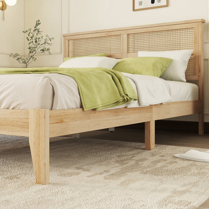 Queen Size Rubber Wooden, Solid Wooden Bed with Rattan Headboard, Enhanced by Support Feet