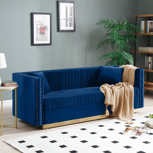 Contemporary Vertical Channel Tufted Velvet Sofa  Modern Upholstered Couch for Living Room Apartment with 2 pillows,Blue