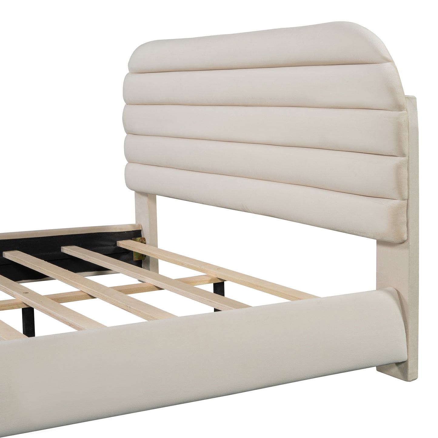 Queen Size Velvet Upholstered Platform Bed,Solid Frame and Stylish Curve-shaped Design, Beige