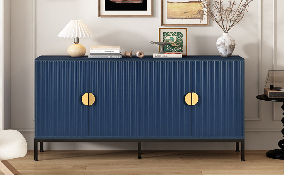 U_STYLE  Exquisite Vertical-Striped Four-Door Sideboard with Sturdy Metal Legs and Semi-Circular Handles, Suitable for Study, Entryway and Living Room