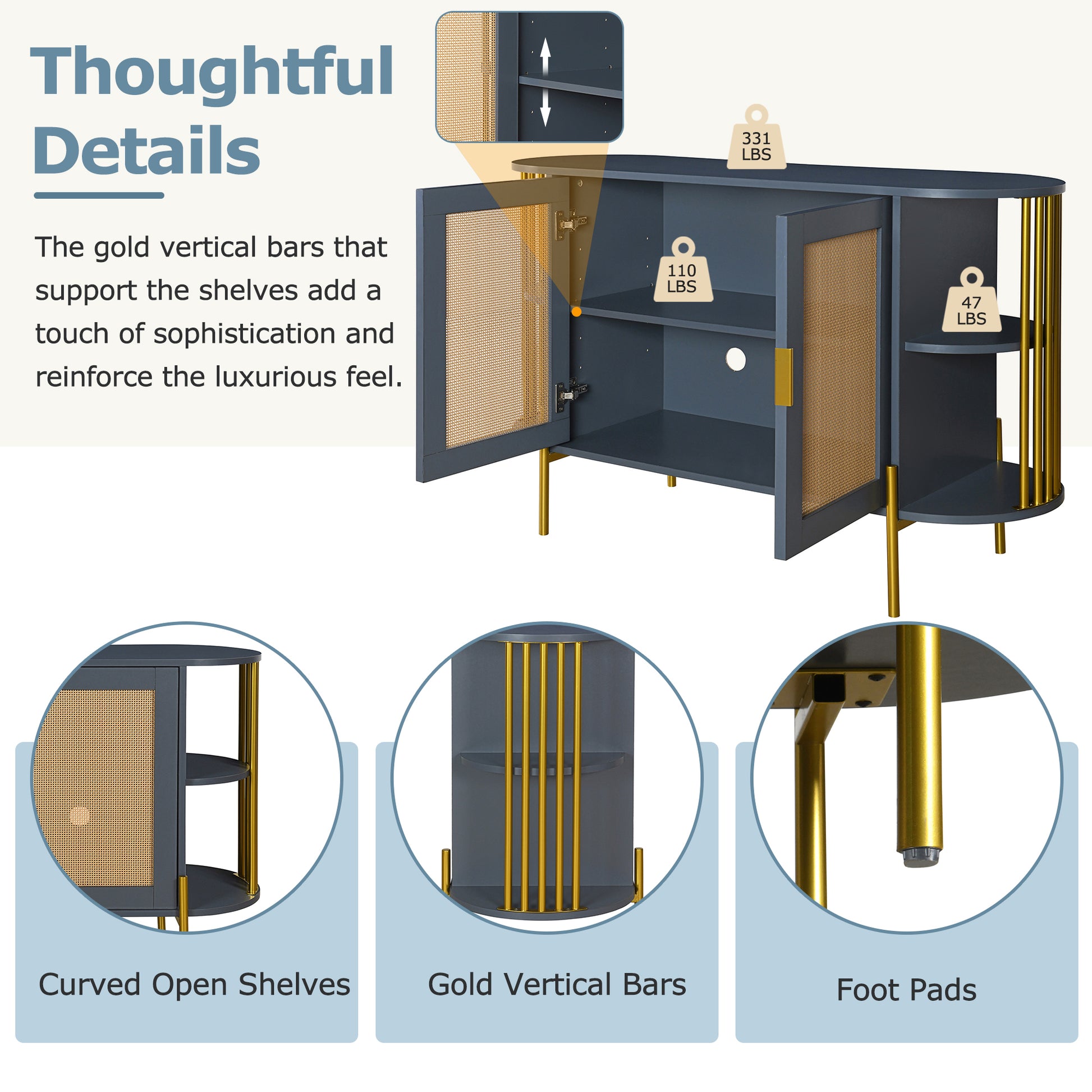 TREXM 2-Door Elegant Curved Dining Cabinet with Gold Trim and Woven Rattan Doors for Dining Room (Dark Gray)