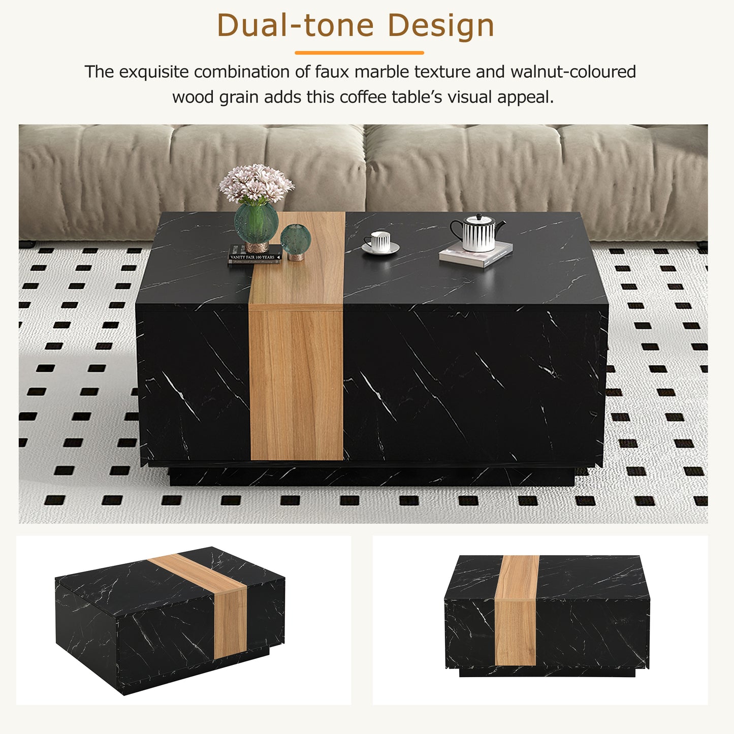 ON-TREND Modern 35.4 x 23.6 Inch Two-tone Coffee Table with Faux Marble and Walnut Wood Grain Finish, Rectangular Center Table with 2 Storage Drawers, Practical Cocktail Table for Living Room, Black