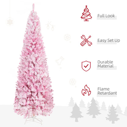 HOMCOM 7.5' Tall Unlit Snow Flocked Artificial Christmas Tree Slim Pencil Xmas Tree with Pine Shape and Realistic Branches, Pink