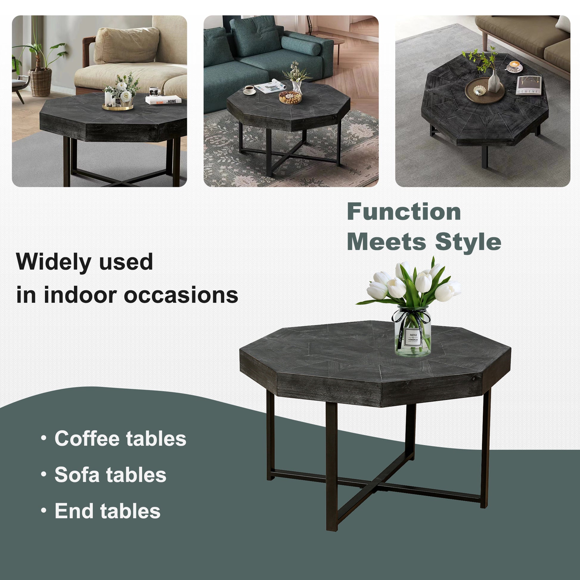 Wood Octagonal Vintage Patchwork Craft Farmhouse 30 Inch Wooden Table Top  Cross Metal Legs Coffee Table for Living Room(Antique Black)