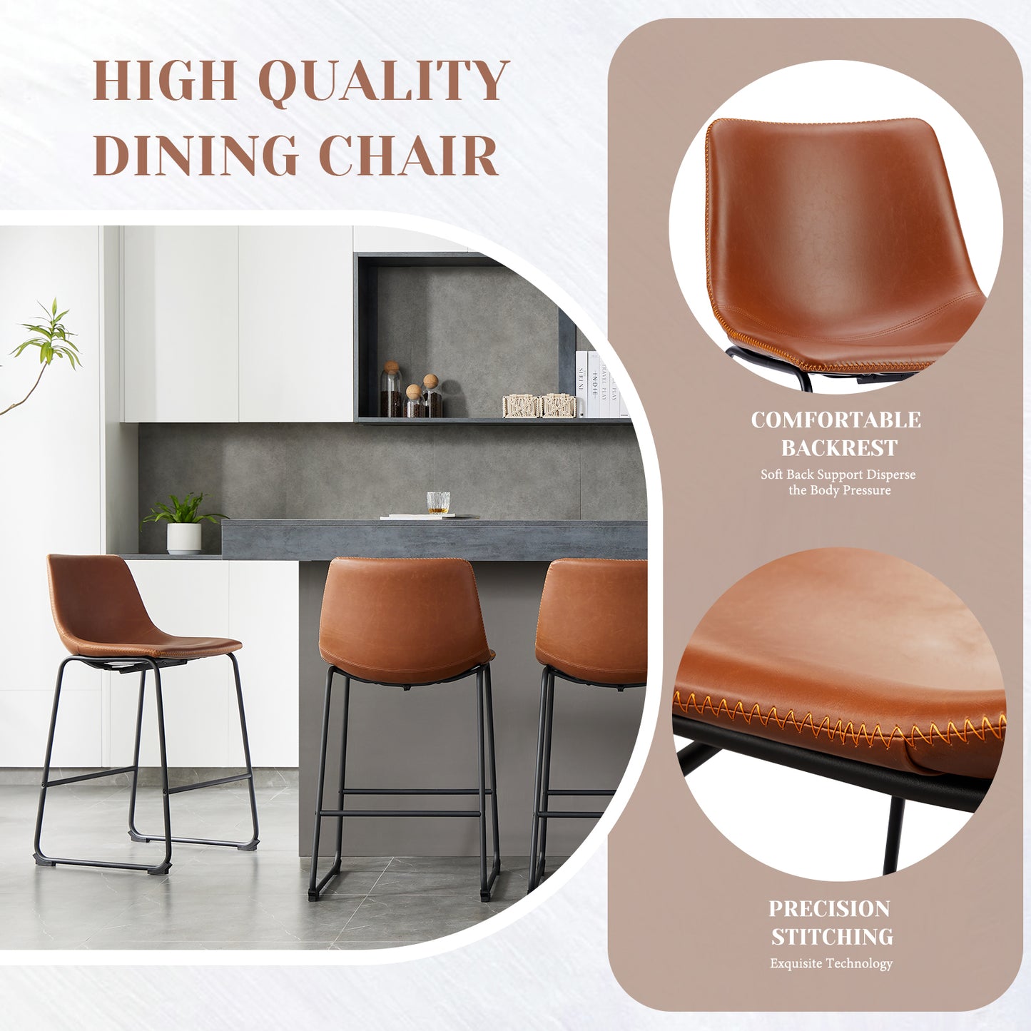 Sweetcrispy 26 inch Counter Height Bar Stools Set of 2 Leather Barstool with Back and Metal Leg Modern Bar Stools for Kitchen Island Pub Living Room