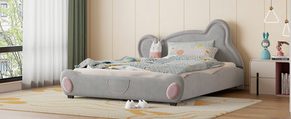 Queen Size Velvet Platform Bed with Bear-Shaped Headboard, with Drawers, with Bed-End Storage Pocket, Gray