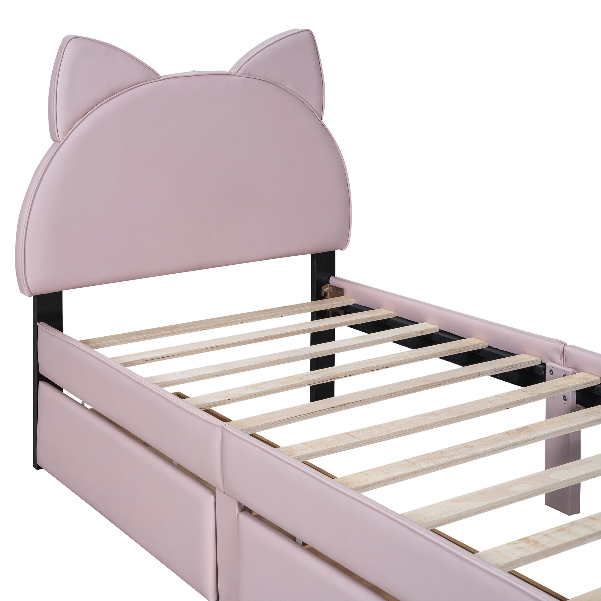 Twin Size Upholstered Platform Bed with Cartoon Ears Shaped Headboard and 2 Drawers, Pink