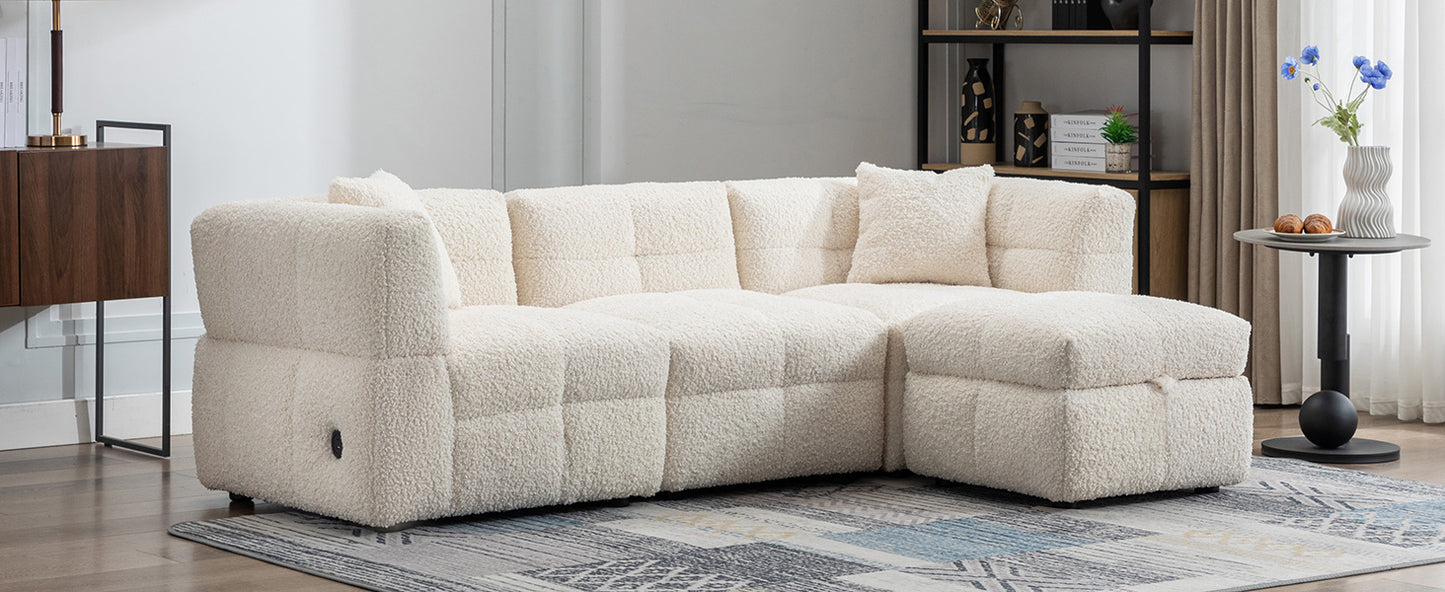 87.7" Sectional Sofa Cozy Teddy Fleece Fabric Sectional Sofa Couch with Two USB Ports a Movable Storage Ottoman and Two Lumbar Pillows for Living Room, Creamy White