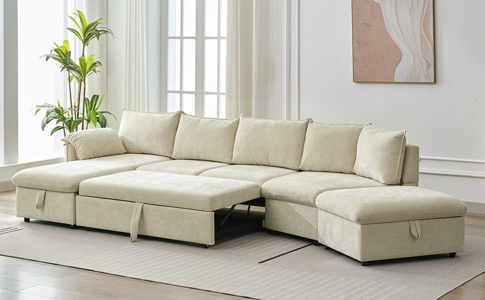 146.9" L-shaped Sofa Sectional Sofa Couch Pull-out Sofa Bed with a Movable Storage Ottoman, a Storage Chaise Lounge and Two USB Ports for Living Room, Beige