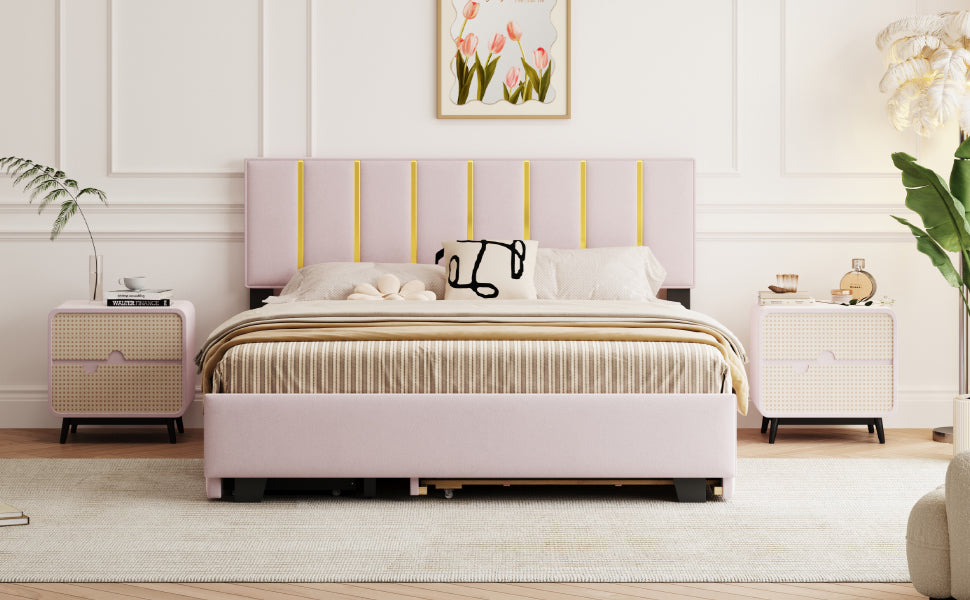 Queen Size Upholstered Platform Bed with 2 Drawers and 1  Trundle, Classic Metal Strip Headboard Design, Pink