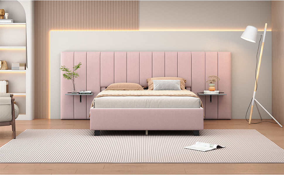 Queen Size Upholstered Platform Bed with Big Headboard, Bedroom Furniture, Velvet, Pink