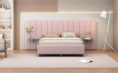 Queen Size Upholstered Platform Bed with Big Headboard, Bedroom Furniture, Velvet, Pink