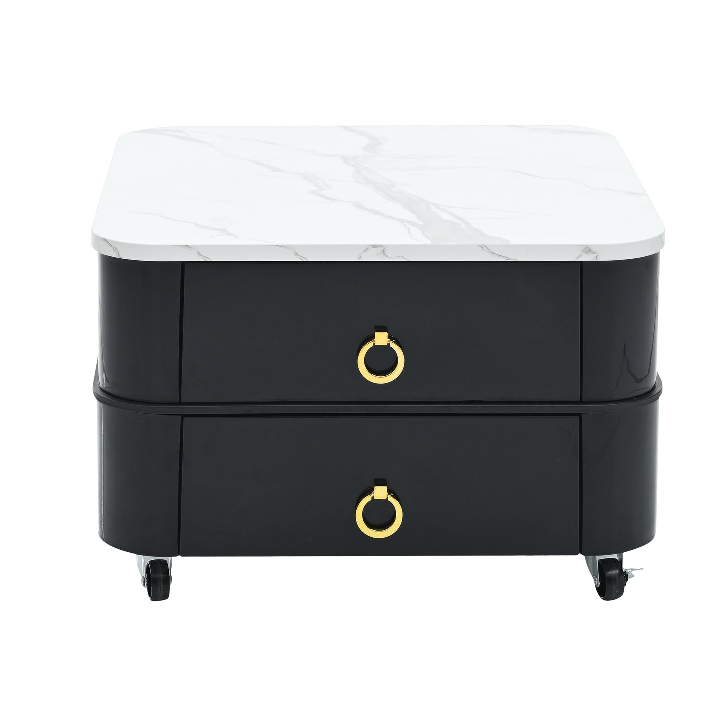 ON-TREND 2-in-1 Square Nesting Coffee Table with Wheels & Drawers, Stackable Side Table with High Gloss Marble Grain Top, End Table Set with Brown Tempered Glass for Living Room, Black