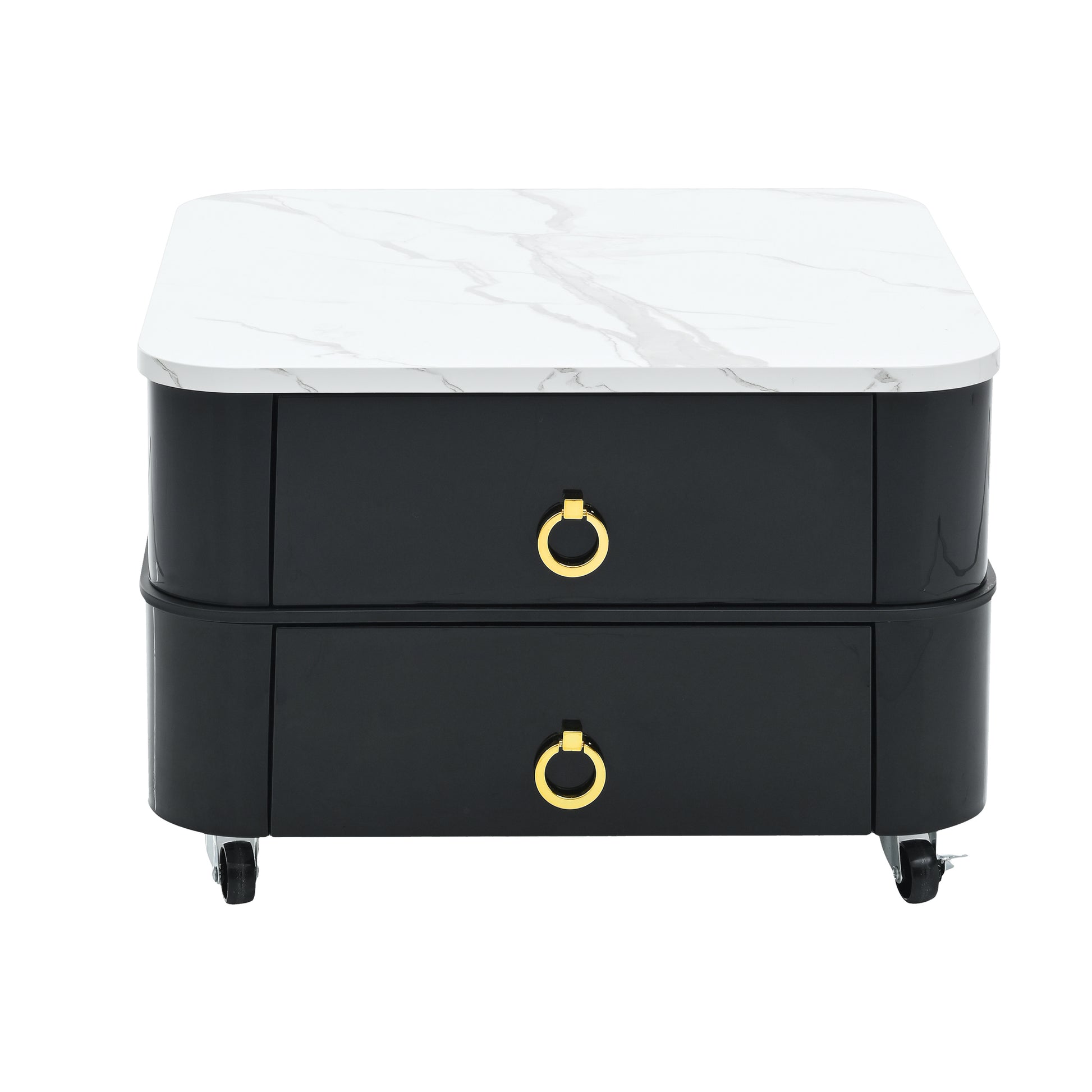 ON-TREND 2-in-1 Square Nesting Coffee Table with Wheels & Drawers, Stackable Side Table with High Gloss Marble Grain Top, End Table Set with Brown Tempered Glass for Living Room, Black