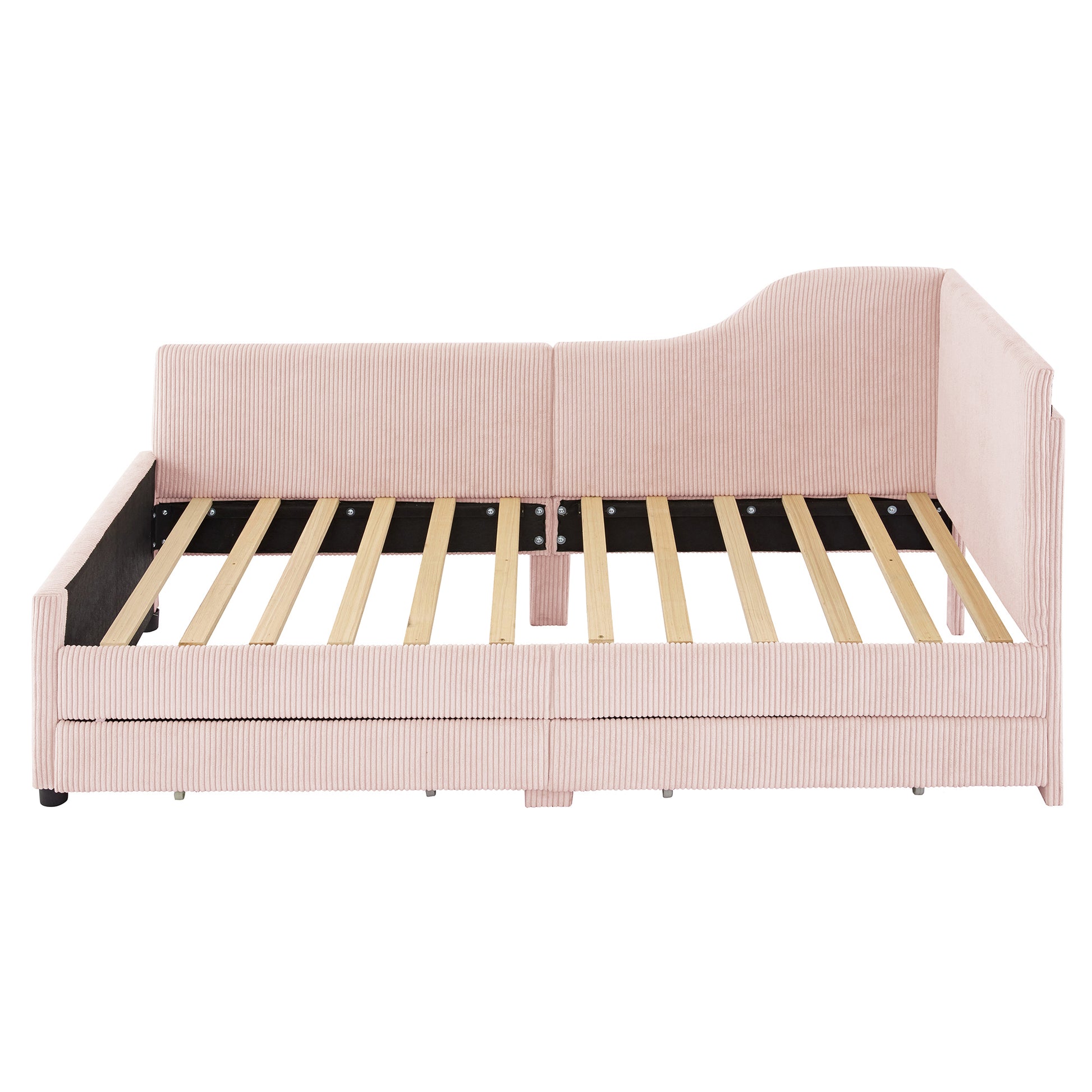 Twin Size L-Shaped Corduroy Daybed,Upholstered Bed Frame with 2 Storage Drawers,Pink