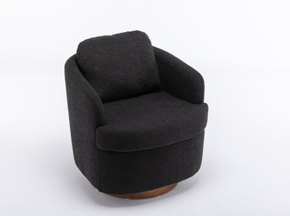 035-Boucle Fabric Swivel Accent Chair With Soild Wood Round Brown Base Leg,Black