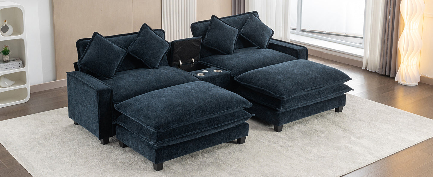 112.6" Sectional Sofa Chenille Upholstered Sofa with Two Removable Ottoman, Two USB Ports, Two Cup Holders and Large Storage Box for Living Room, Blue