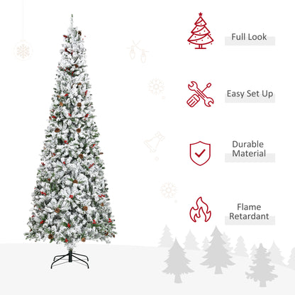 HOMCOM 9 Foot Pencil Snow Flocked Artificial Christmas Tree with Pine Realistic Branches, Pine Cones, Red Berries, Auto Open, Green